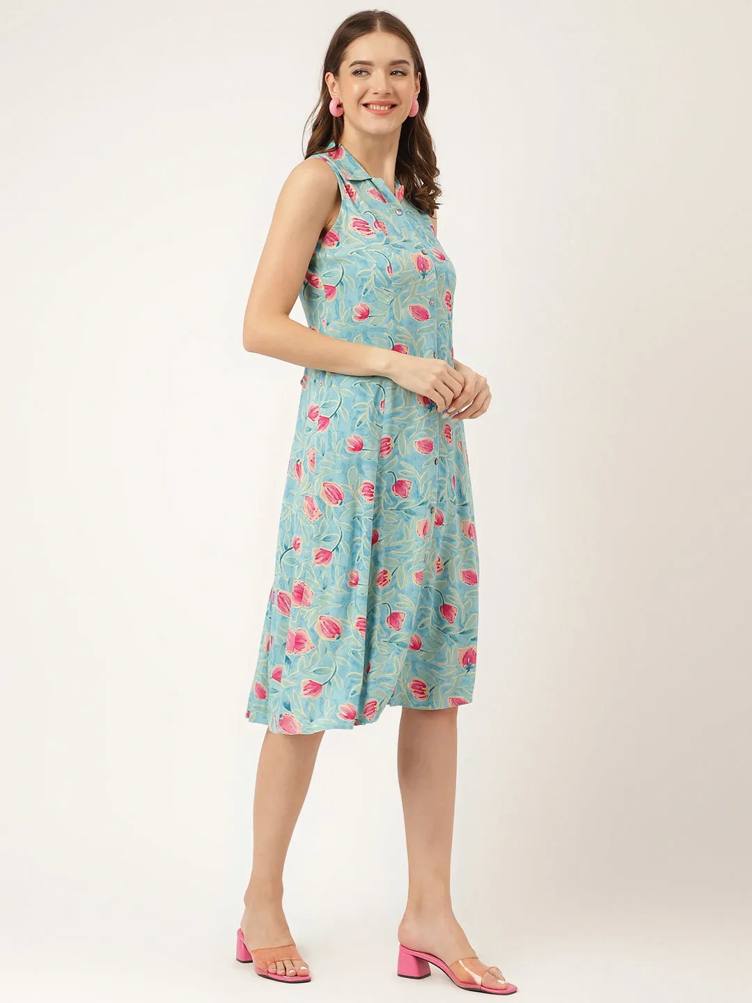 Jashvi Blue Floral Print Rayon A-Line Midi Dress with Attached Sleeves for Women