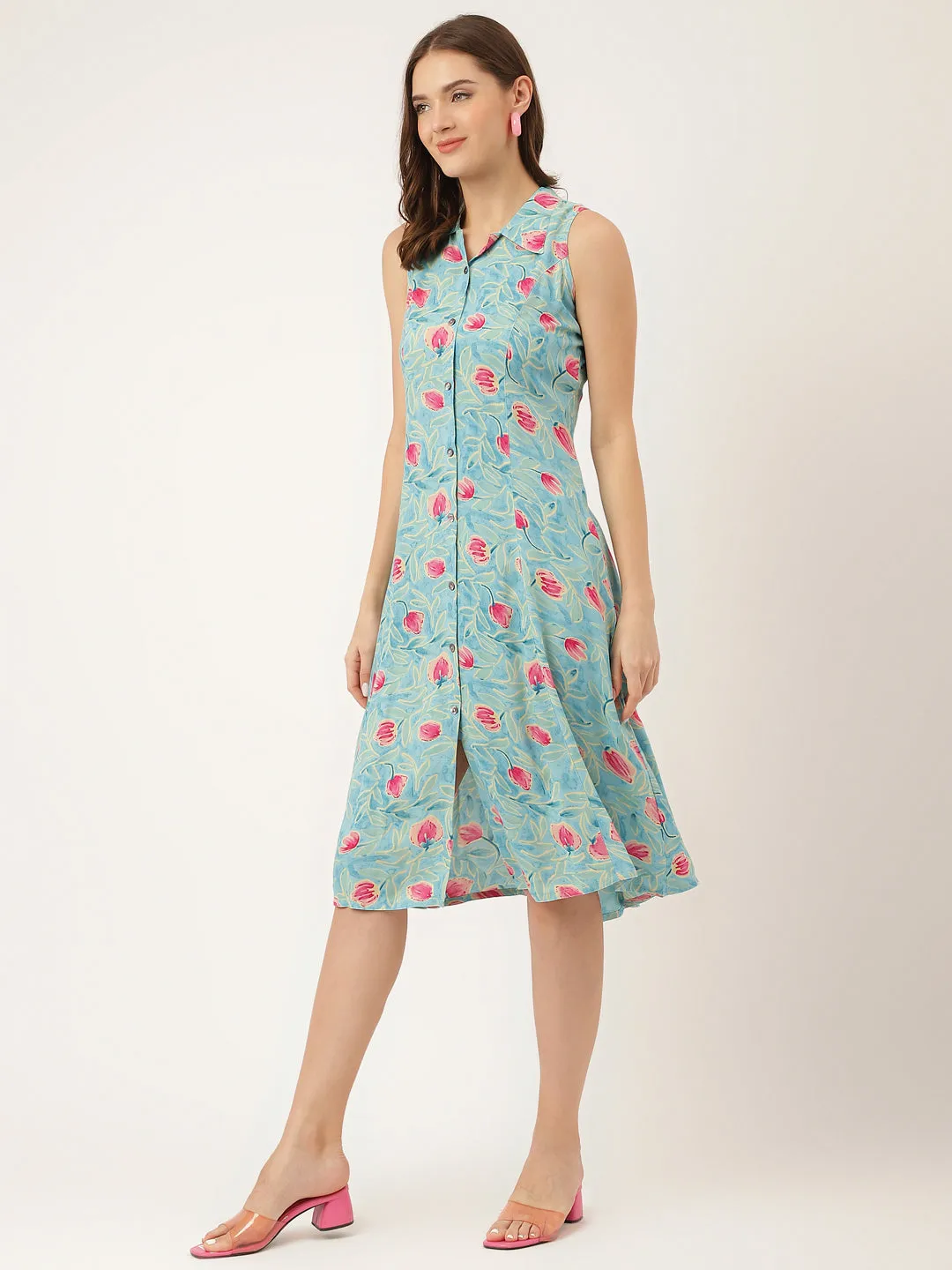 Jashvi Blue Floral Print Rayon A-Line Midi Dress with Attached Sleeves for Women