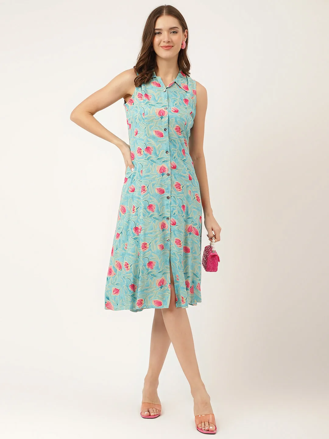 Jashvi Blue Floral Print Rayon A-Line Midi Dress with Attached Sleeves for Women