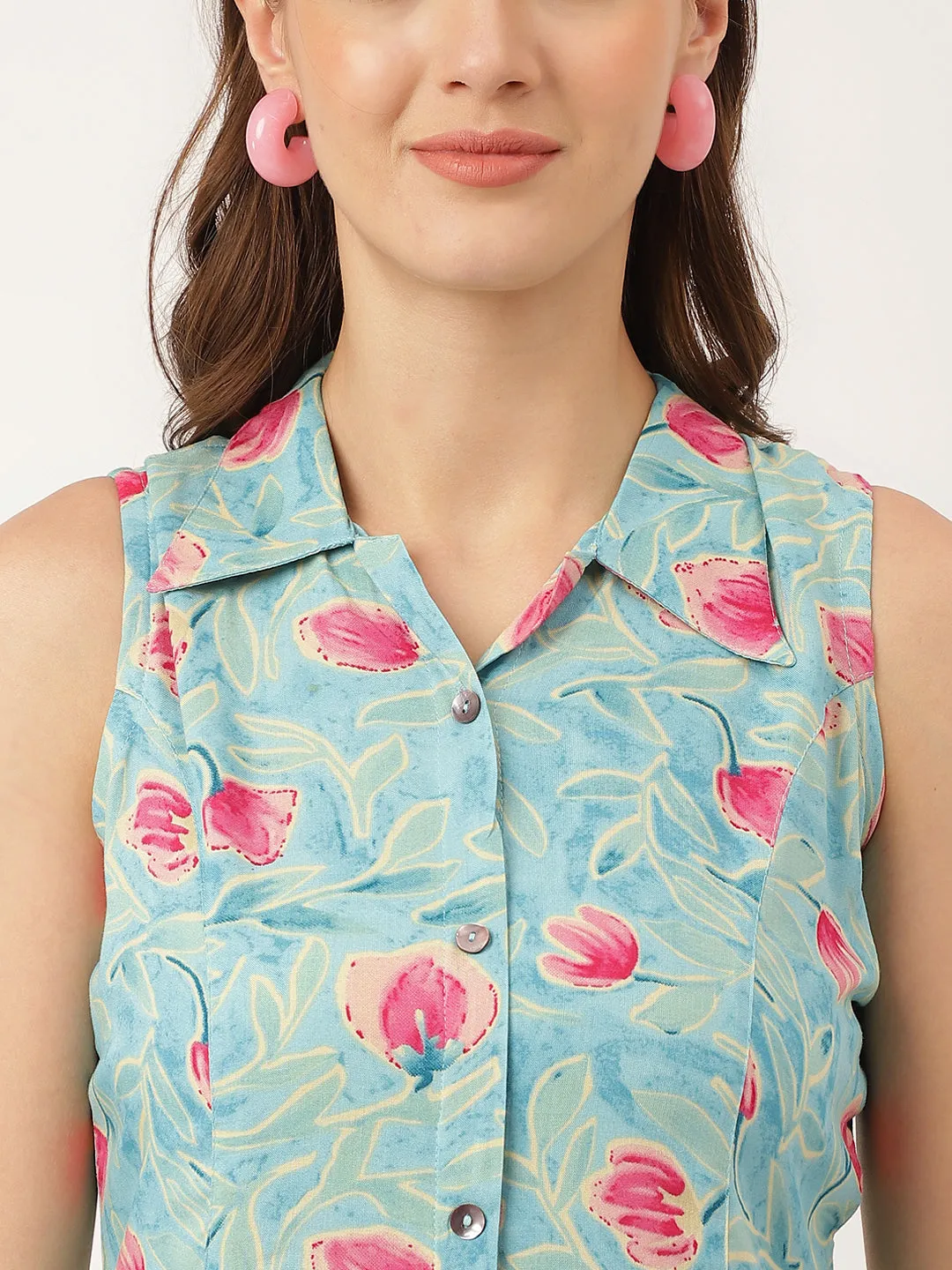 Jashvi Blue Floral Print Rayon A-Line Midi Dress with Attached Sleeves for Women