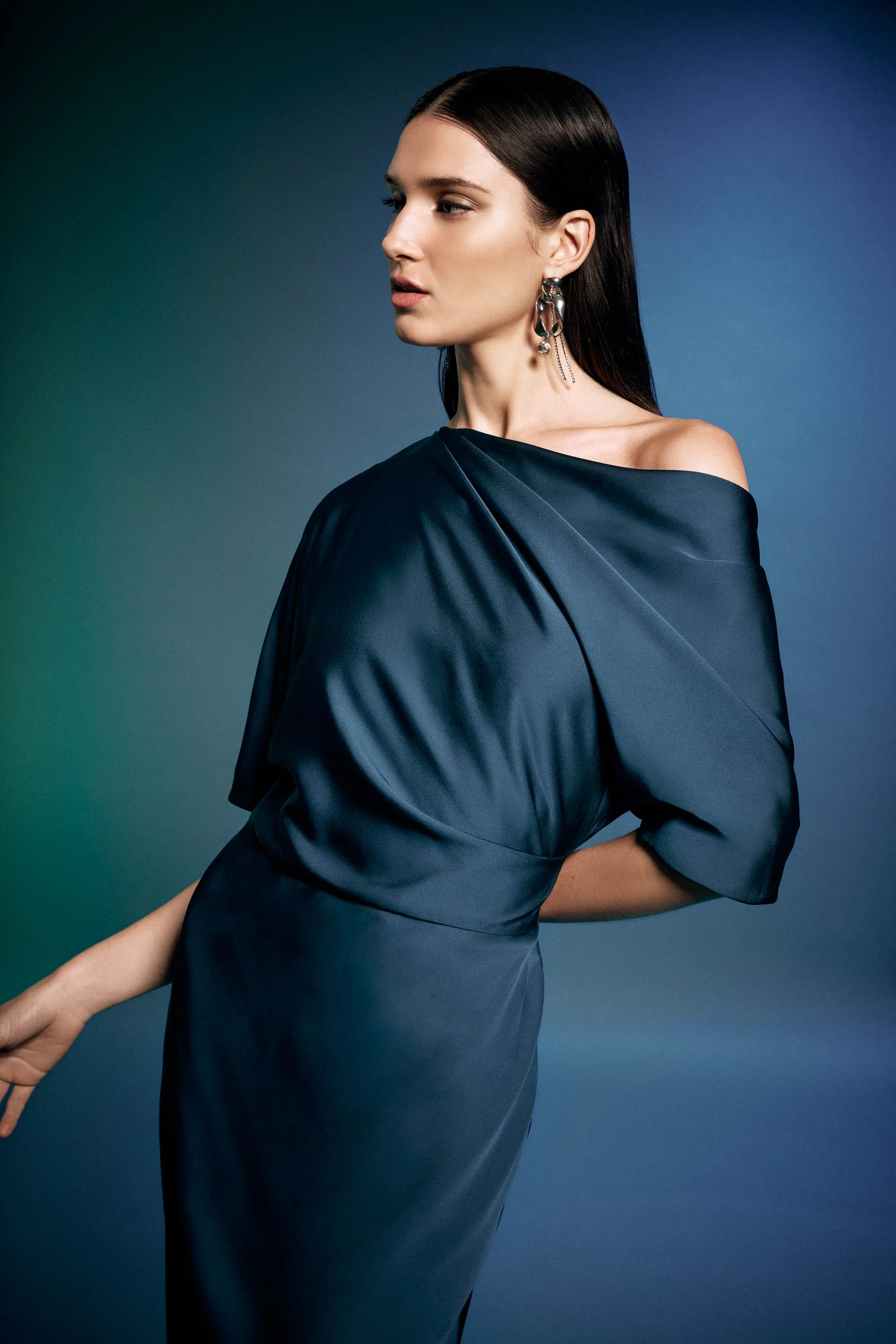 Joseph Ribkoff Satin One Shoulder Trumpet Gown 243795 - Twilight