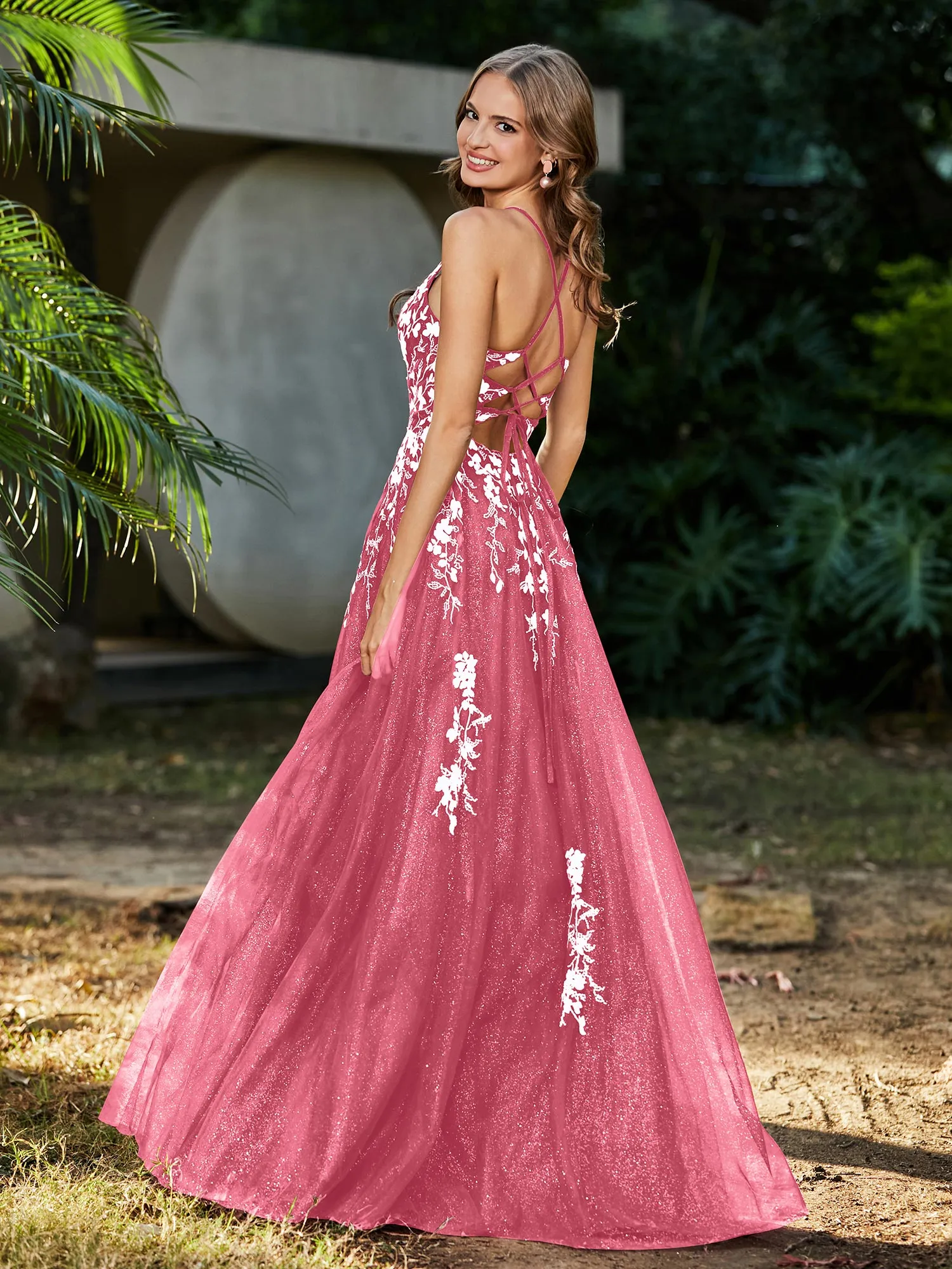 Lace Applique High Slit Tulle Dress Watermelon