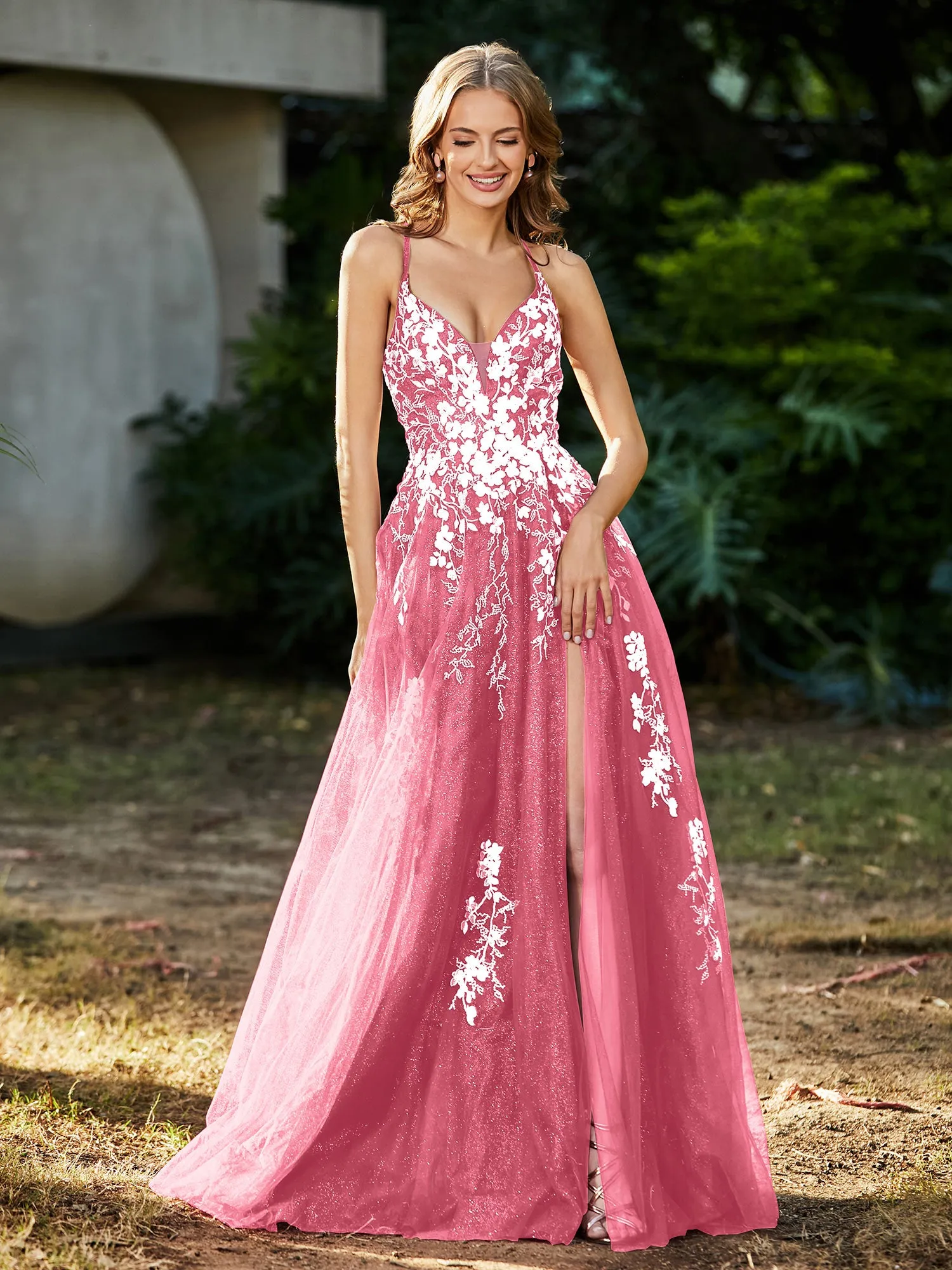 Lace Applique High Slit Tulle Dress Watermelon