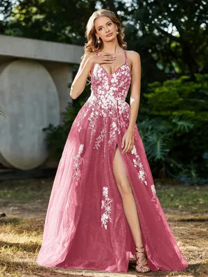 Lace Applique High Slit Tulle Dress Watermelon