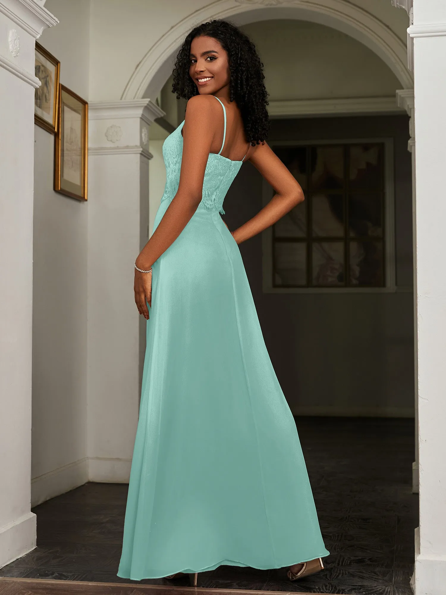 Lace Appliqued  Backless Chiffon A-Line Dress Turquoise Plus Size