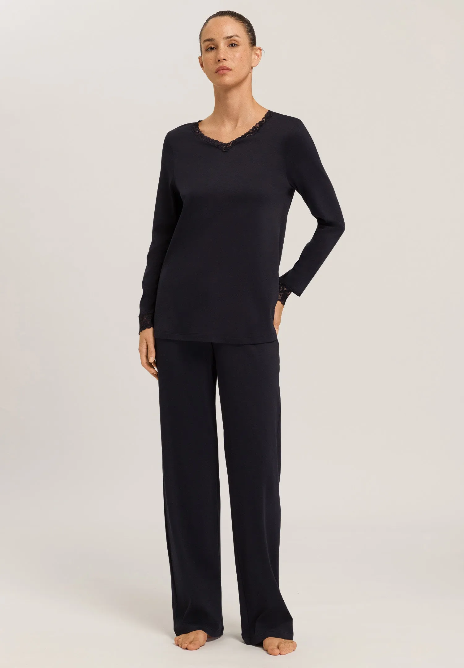 Moments Lace Trim Cotton Pajama Set | Black 77041-019
