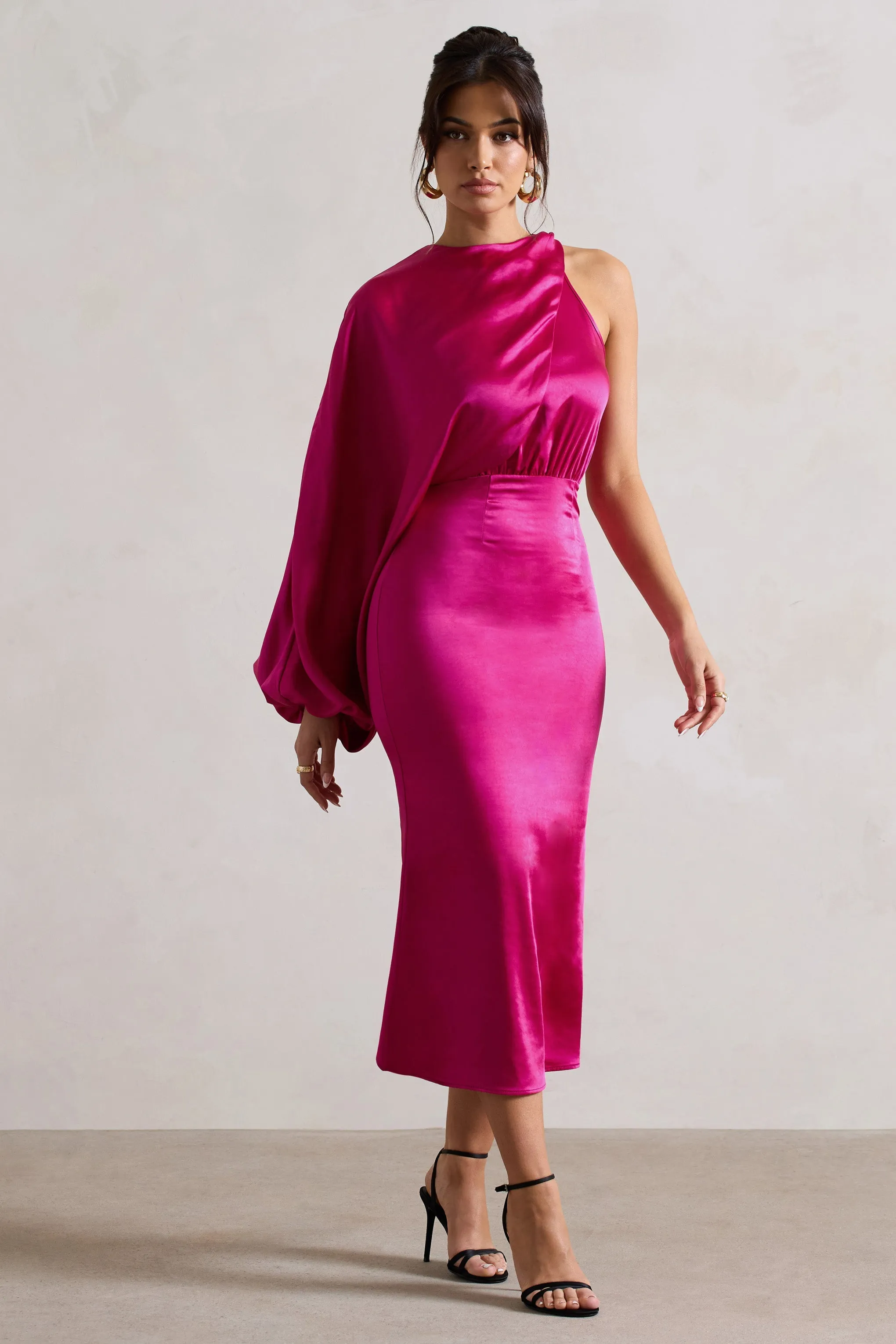 Nola | Dark Pink Satin One-Sleeve Midi Dress