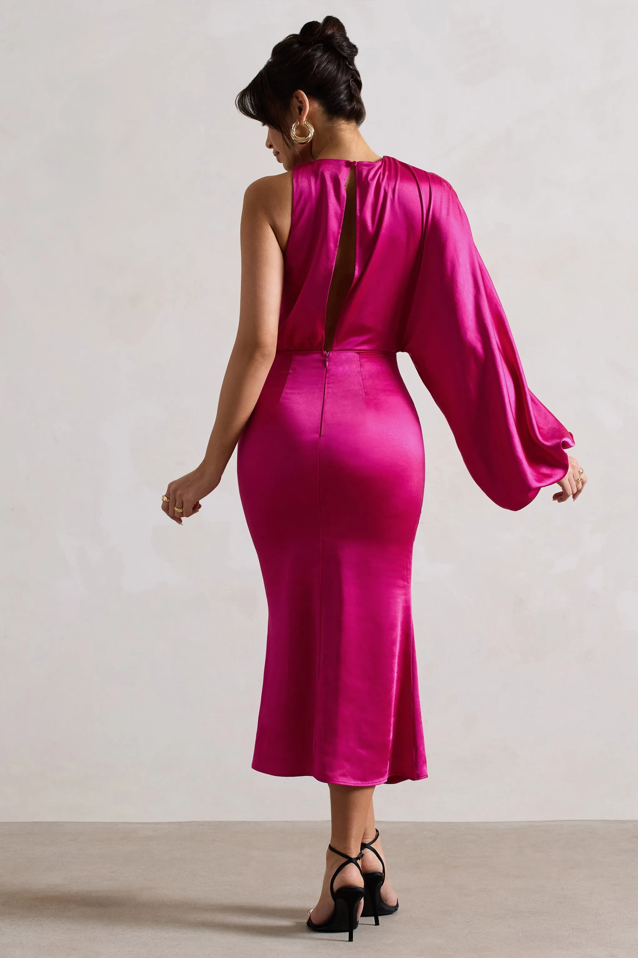 Nola | Dark Pink Satin One-Sleeve Midi Dress