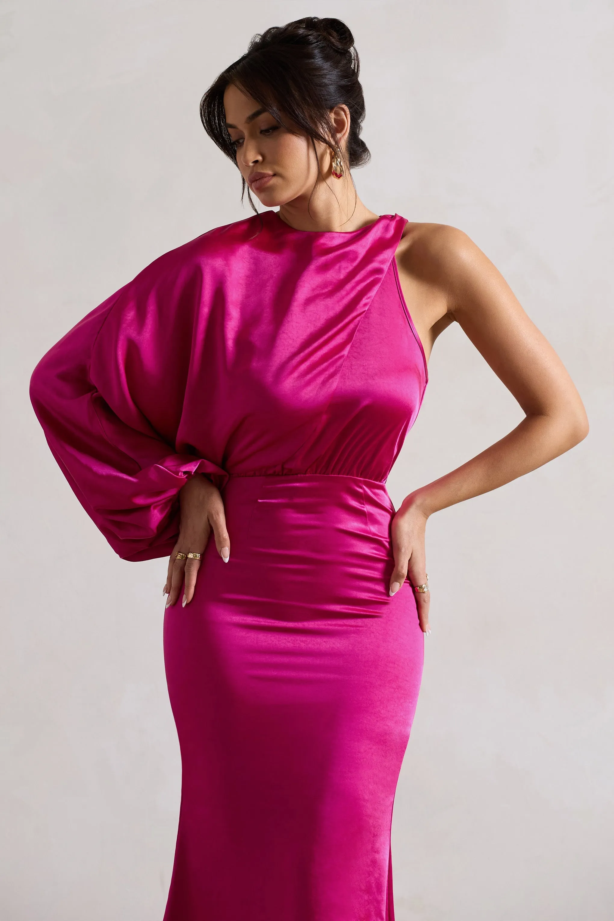 Nola | Dark Pink Satin One-Sleeve Midi Dress
