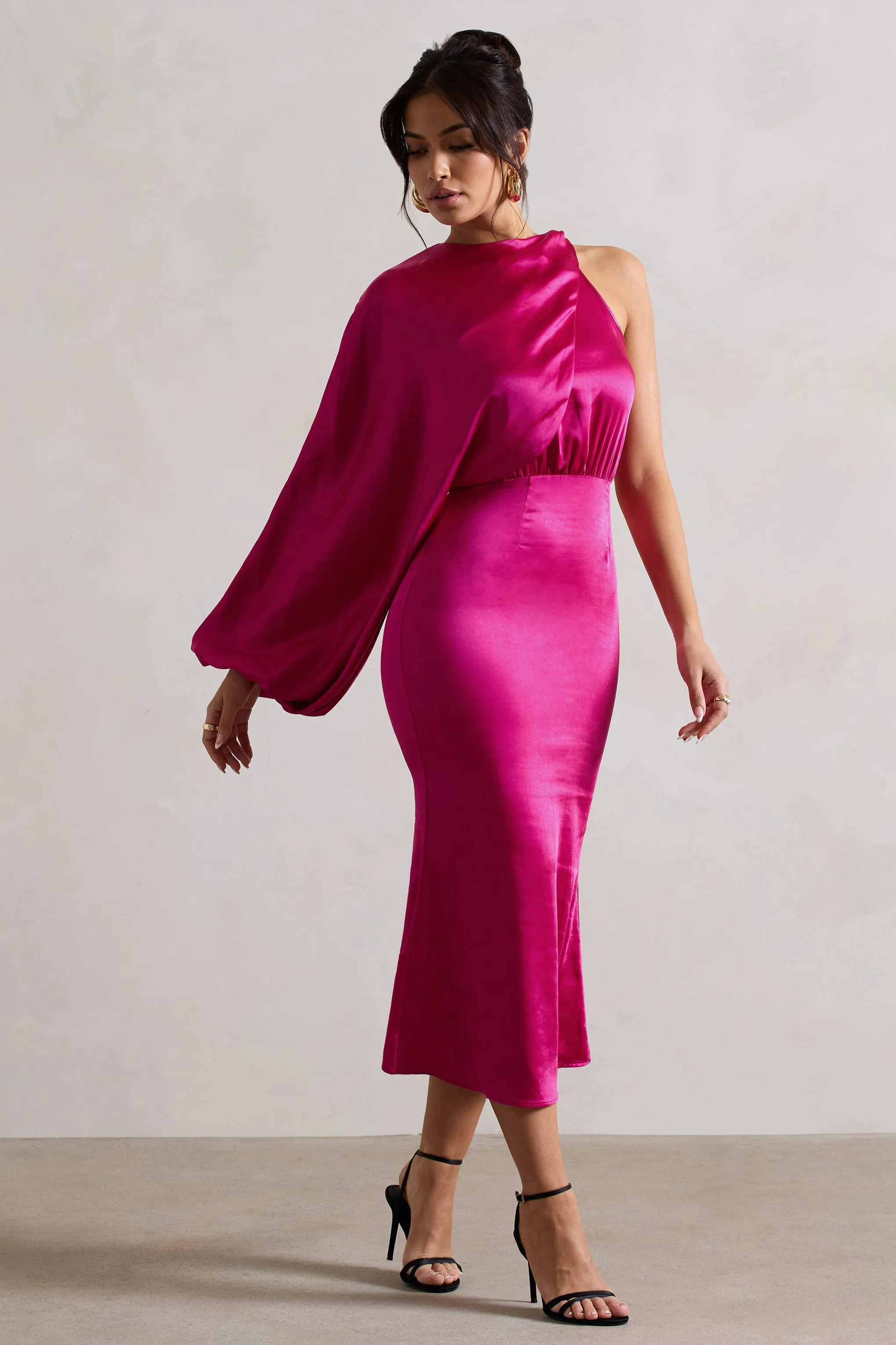 Nola | Dark Pink Satin One-Sleeve Midi Dress