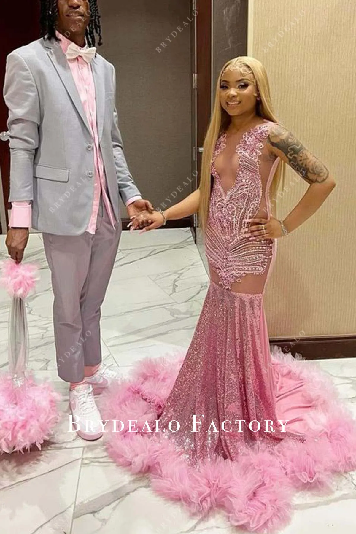 Pink Rhinestone Sleeveless Sequin Tulle Trumpet Prom Dress