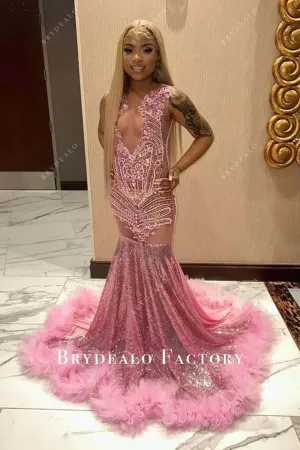 Pink Rhinestone Sleeveless Sequin Tulle Trumpet Prom Dress