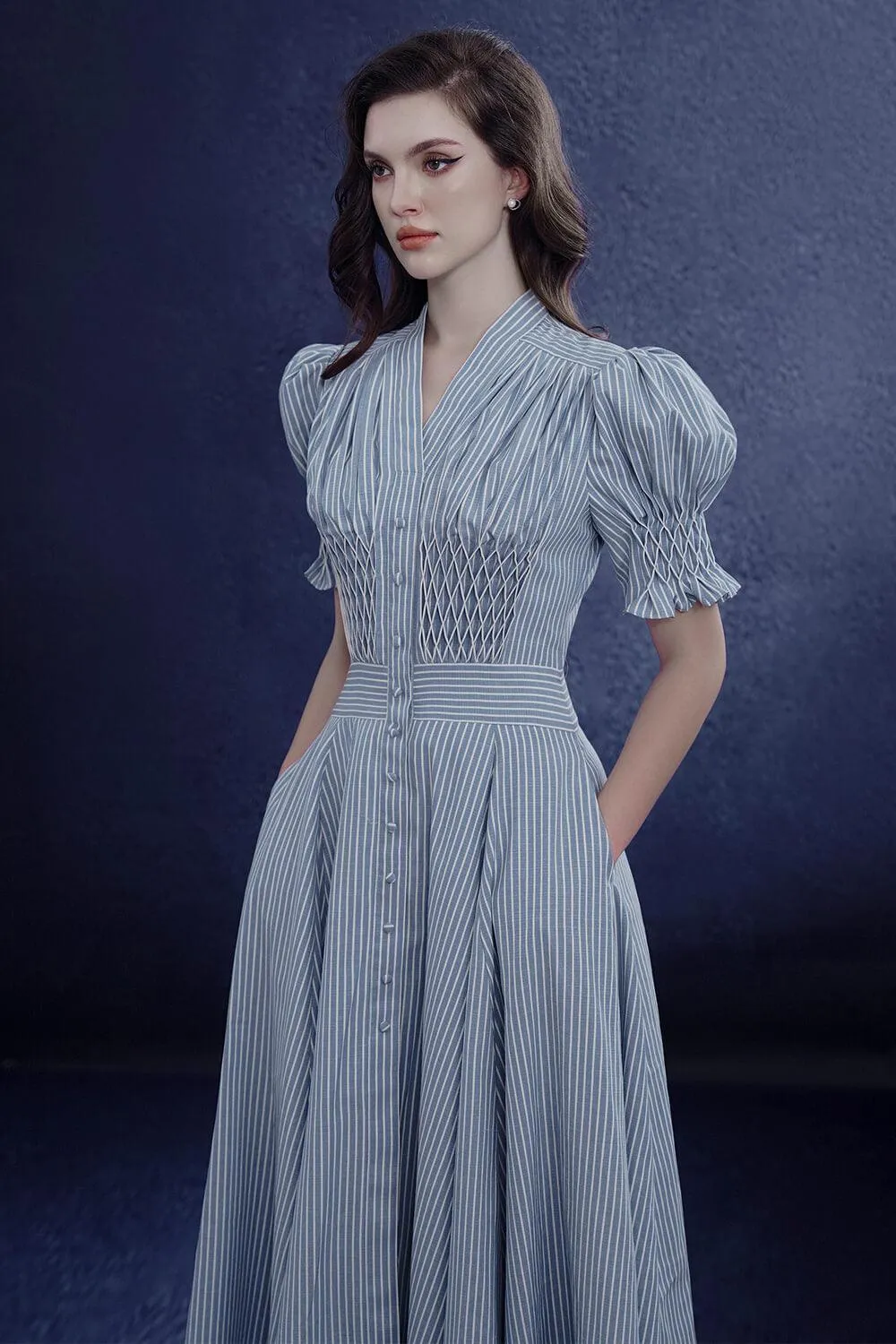 Rogueara A-line V-Neck Raw Fabric Midi Dress