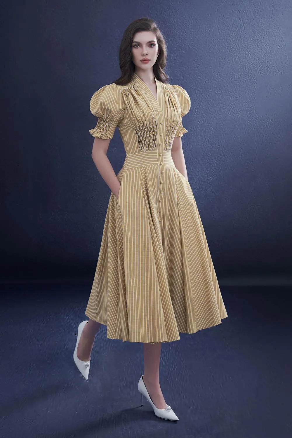 Rogueara A-line V-Neck Raw Fabric Midi Dress