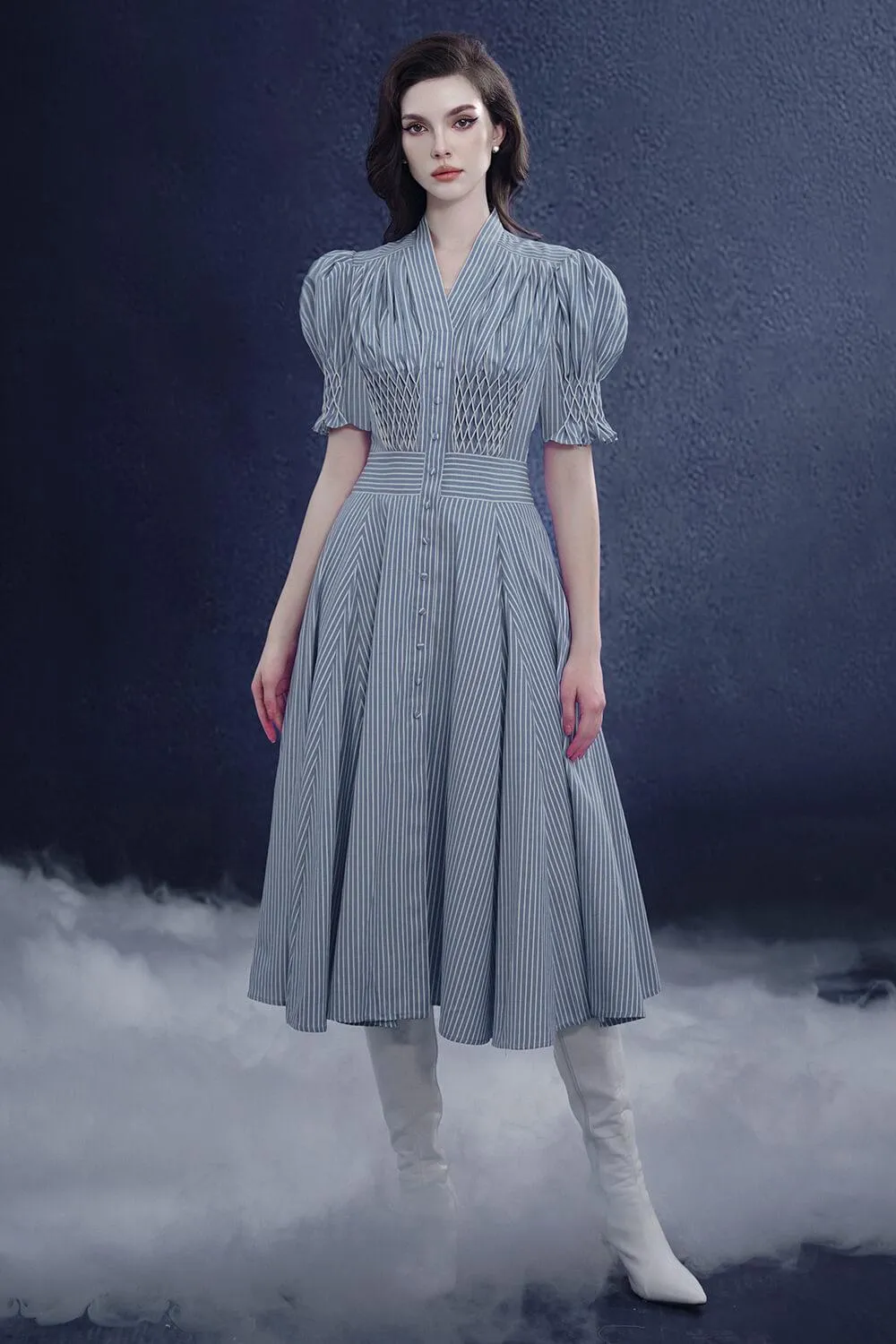 Rogueara A-line V-Neck Raw Fabric Midi Dress