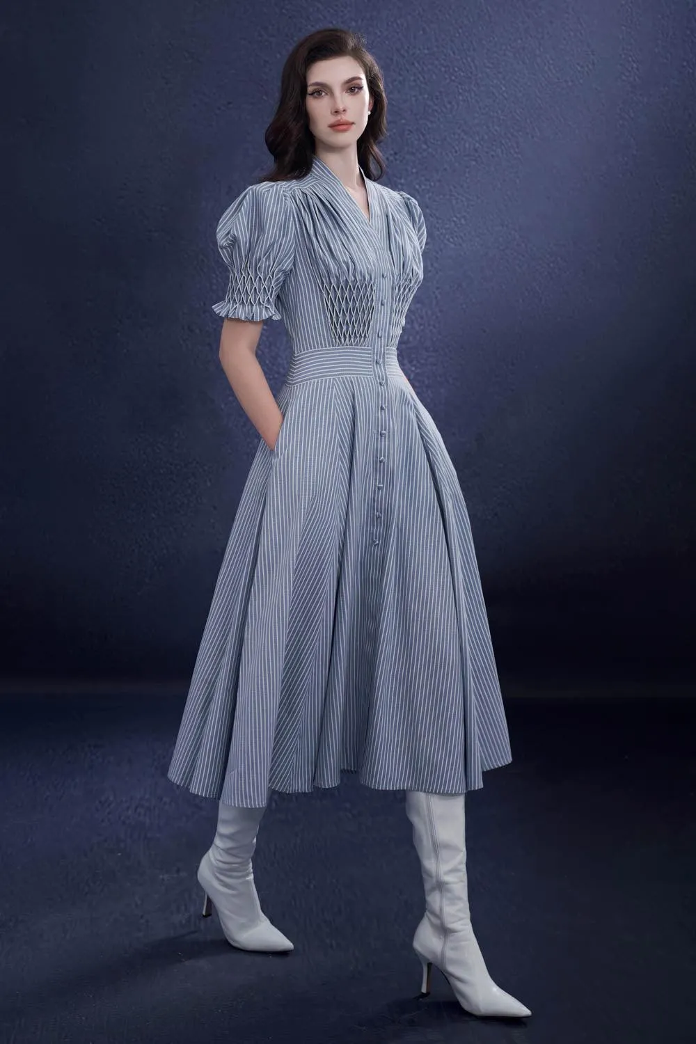 Rogueara A-line V-Neck Raw Fabric Midi Dress