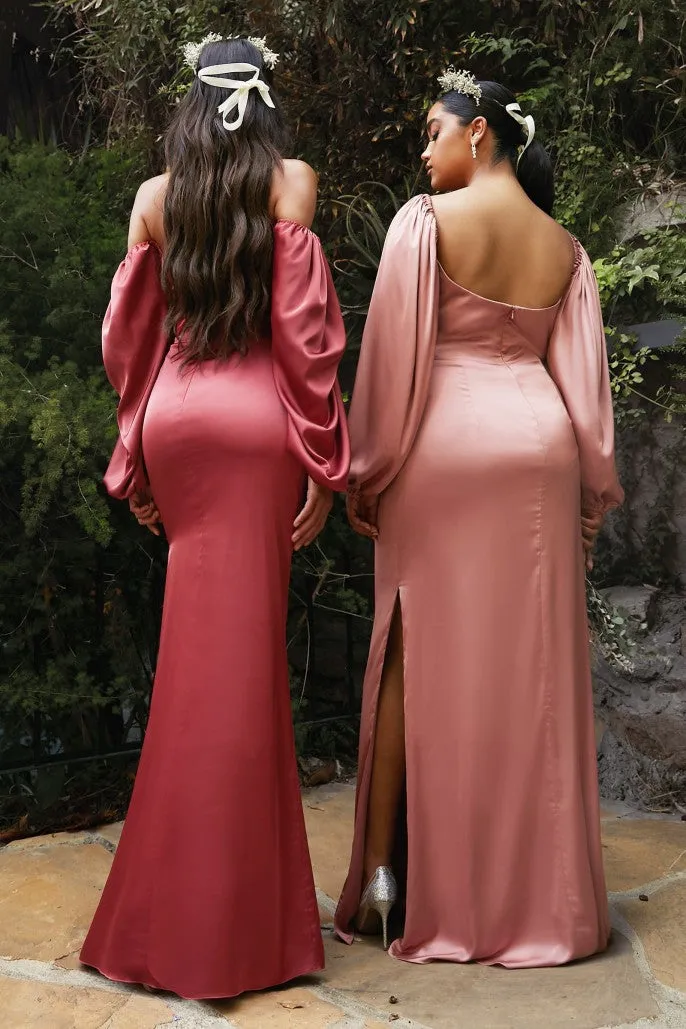 Soleil | Long Sleeve Off or On the Shoulder Soft Satin Dress | LaDivine 7482