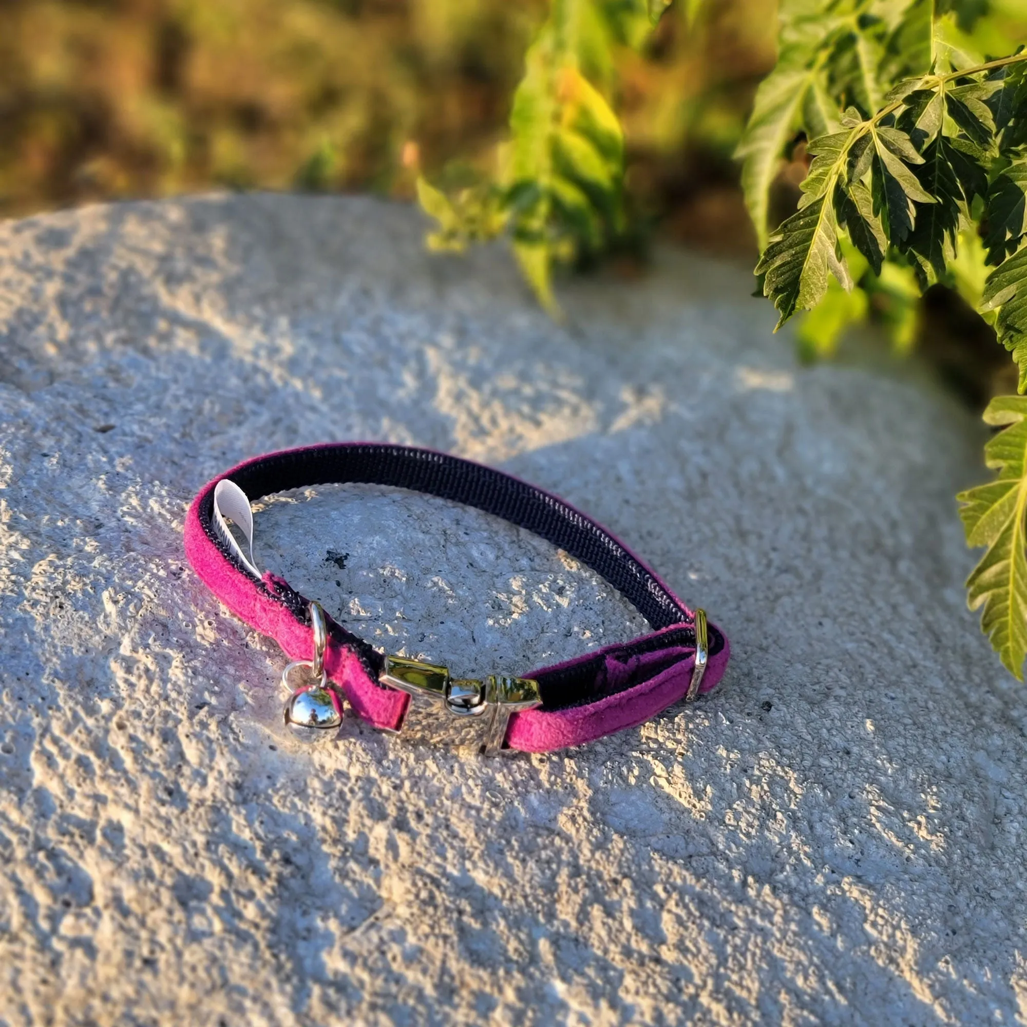 Velvet Adjustable Cat Collar with Metal Silver Chrome Buckle and Bell, Plum Purple
