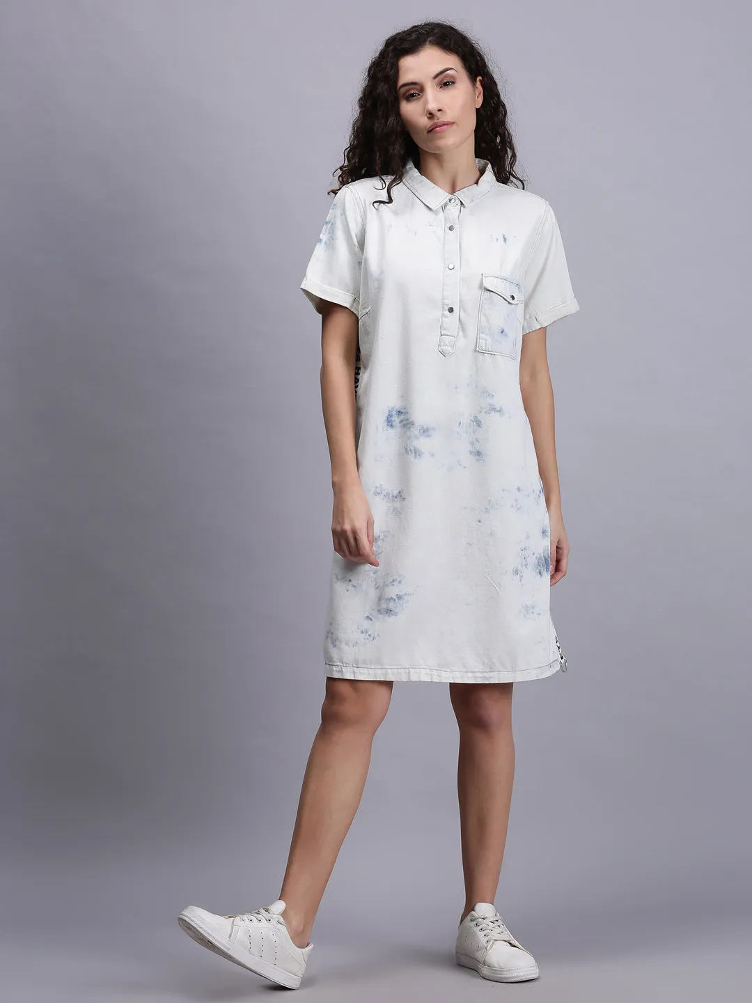 Women White Solid Denim Shirt Dress