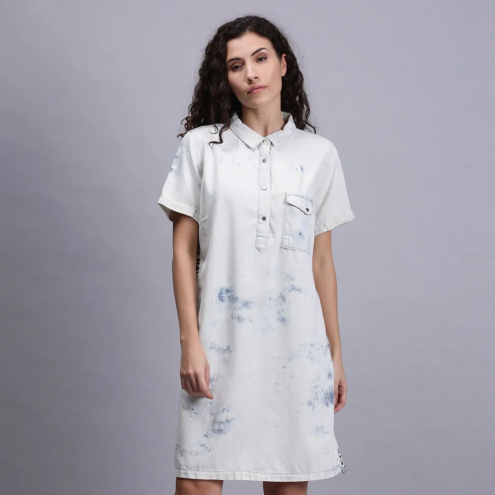 Women White Solid Denim Shirt Dress