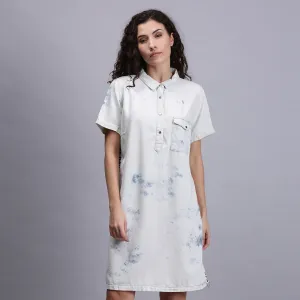Women White Solid Denim Shirt Dress